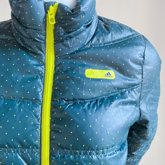 Adidas Polka Dot Neon Accent Dark Green Down filled Puffer JAcket S - Picture 3 of 7